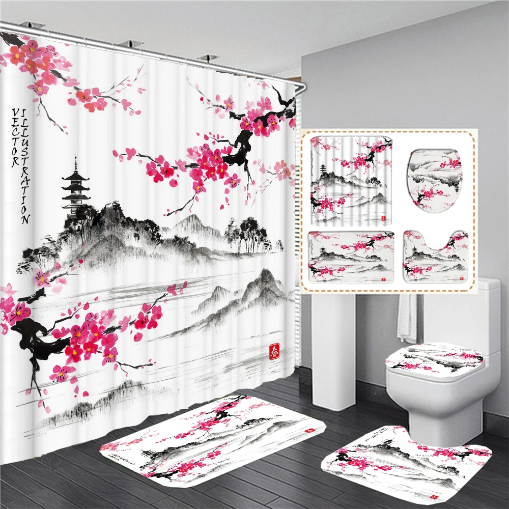 Japanese Cherry Blossom Shower Curtain Set Non-Slip Rug Toilet Lid Cover Bath Mat Spring Sakura Flower Pastoral Bathroom Curtain