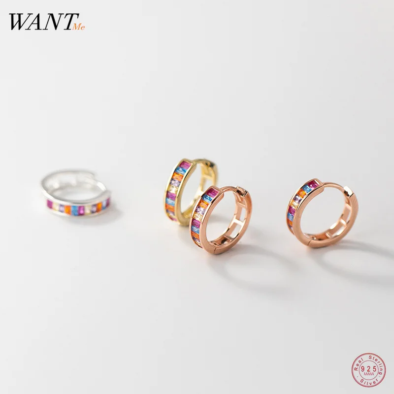 WANTME 925 Sterling Silver Fashion European Colored Zircon Circle Huggies Hoop Earrings for Women Elegant Gold Wedding Jewelry