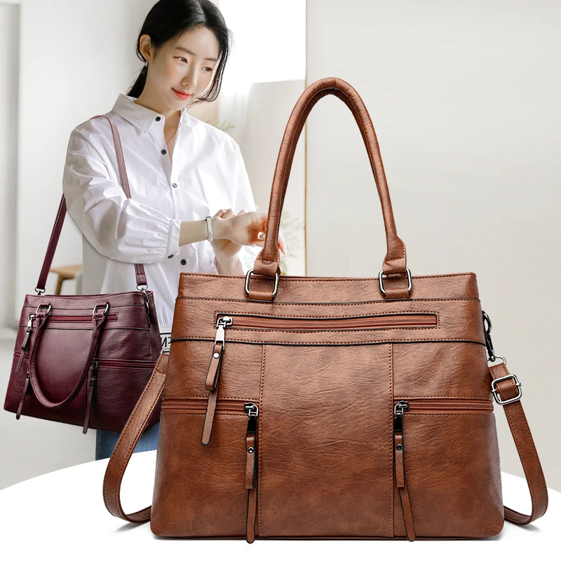 

New Luxury Large Capacity PU Leather Satchel Bag for Women, Fashion Retro Designer Tote Handbag, Elegant Crossbody Shoulder Bags