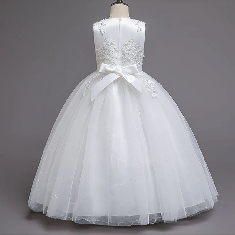 Meninas laço branco pérola flor vestido de princesa para lantejoulas sem mangas primeira comunhão dama de honra casamento formal noite vestido longo