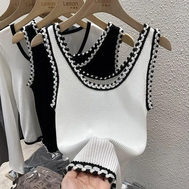 Small Fragrance Ice Silk Knitted Suspender Vest Sleeveless T-shirt for Women White Slim Bottom Summer White Crop Top