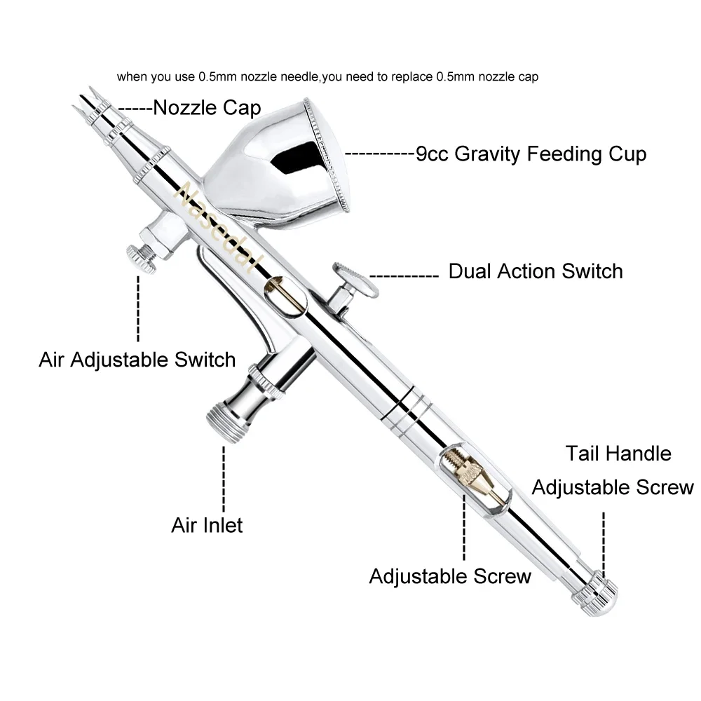 Nasedal 0.2/0.3/0.5mm Dual-Action Airbrush Nozzle Needle 9cc Gravity Feed Spray Gun Set for Model Cake Nail Art Car Painting
