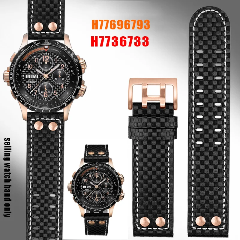 Rose gold rivet Bracelet For Hamilton Khaki aviation Strap H77696793 H7736733 Carbon fiber cowhide Watch band accessories 22mm