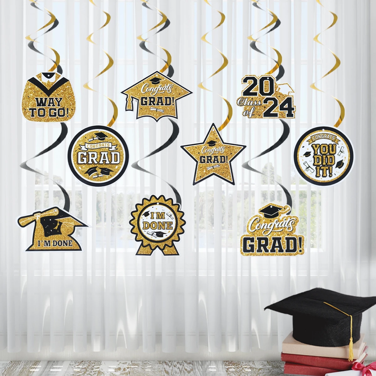 

Graduation Party Decorations Hanging Swirl Supplies Graduation Stars Hat Diplomas Foil Ceiling Streamers for Graduation 2024