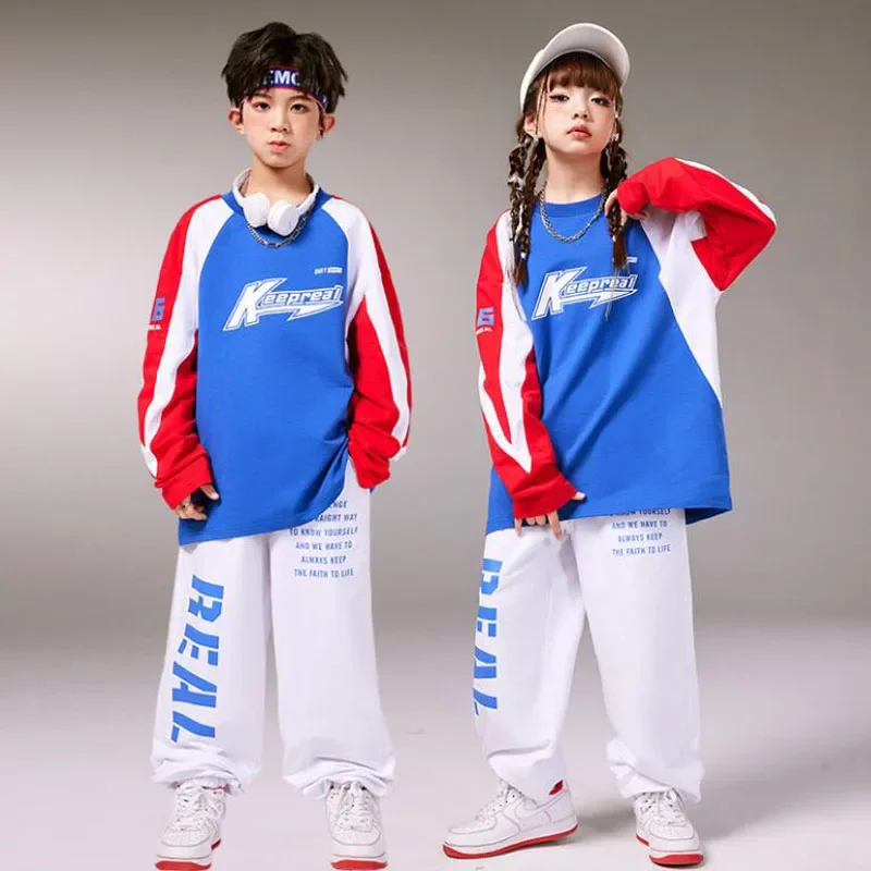 Blue Sweatshirt Boys Street Dance Pullover Colorful Cargo Pants Girls Streetwear Jazz Clothes Sets Children Hip Hop Outfits