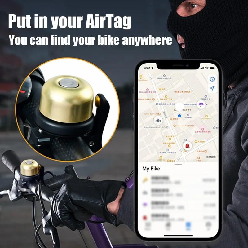 Bike Bell for Apple AirTag Hidden Bicycle Holder GPS Tracker Anti-Theft Classic Bicycle Alarm Bell Bike Accessories for AirTags