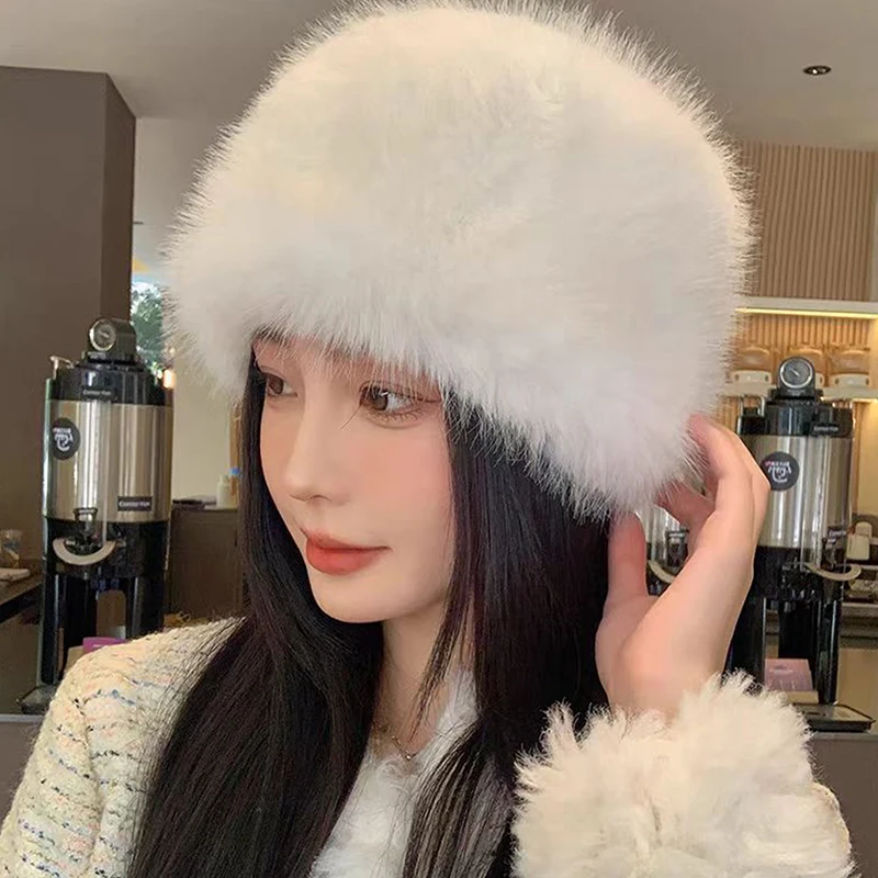 Mongolian Smooth Fluffy Plush Basin Hat New Fox Thickened Warm Bucket Caps Ear Protection Windproof Outdoor Flat Hat Ladies