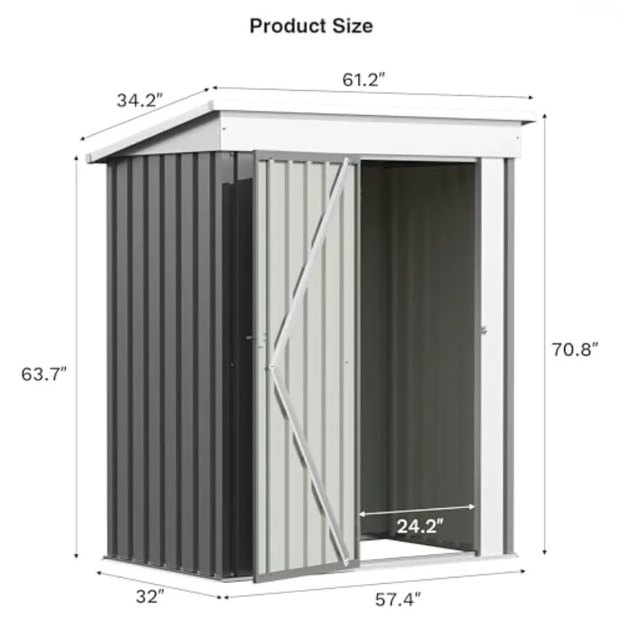 Outdoor storage shed for backyard patio lawn use, galvanized steel construction, grey color, lockable door and sloping roof for