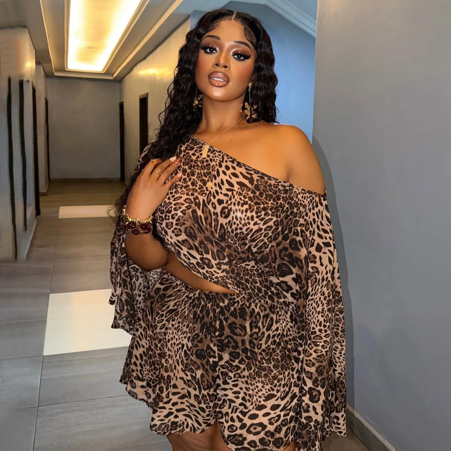 8241 Autumn. New Collection: Leopard-print,   Erotogenic One-shoulder. Top And Pants. Set Lace Boho Vestidos Elegant
