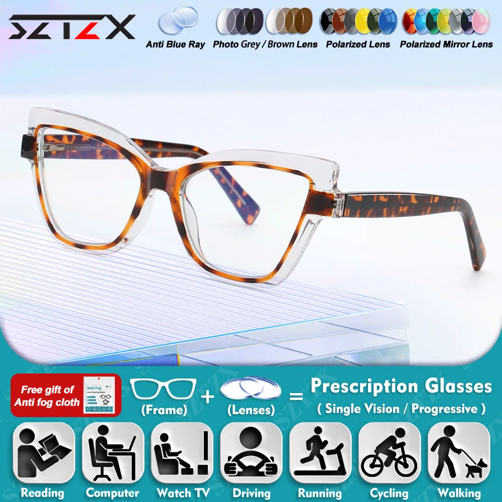 

SZTZX New Design Cat Eye Anti Blue Ray Myopia Prescription Reading Glasses High Quality Photochromic Multifocal Optical Eyeware