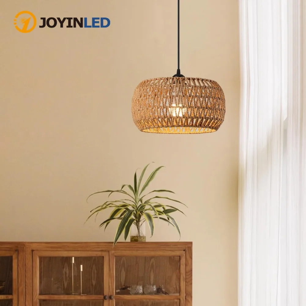 

JOYINLED Vintage Farmhouse Hand Woven Lamp Shade 32CM E27 for Hemp Rope Hanging Lamp Retro Wicker Basket Pendant Lamp Decor