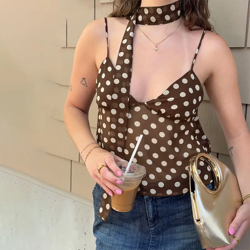 Spaghetti Strap Sheer Mesh Tank Top Backless Vest Tie Front Halter Neck Crop V Neck Camisole with Ruffled Hem and Wrap Detail