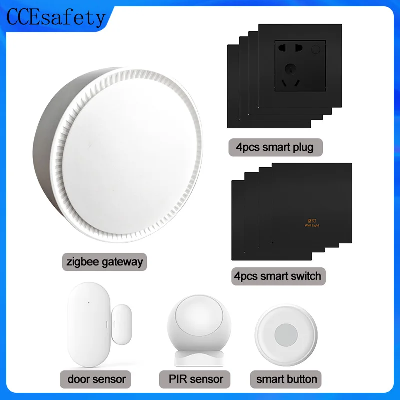 Smart Home Kit Zigbee Gateway 4PC Smart Switch 4PC Smart Plug Door Sensor PIR Motion Detector Remote Button for Home Automation