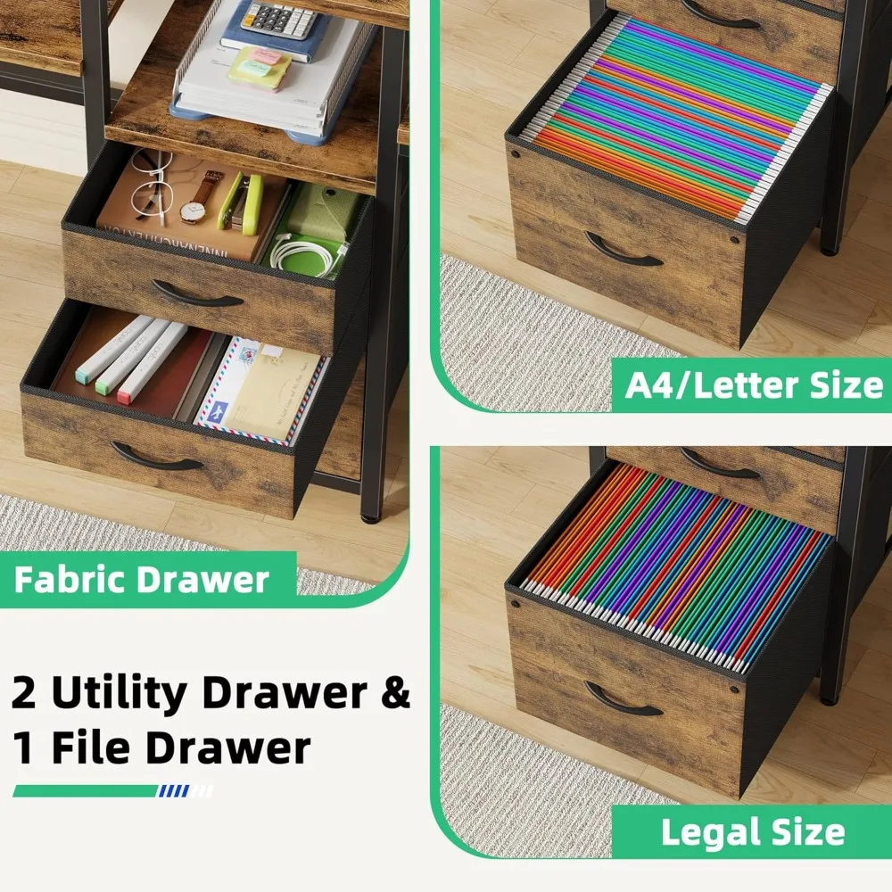 93 Escritorio de estación de trabajo para dos personas con puerto de carga, escritorio de oficina largo con 3 cajones de tela y soporte para impresora, computación compartida