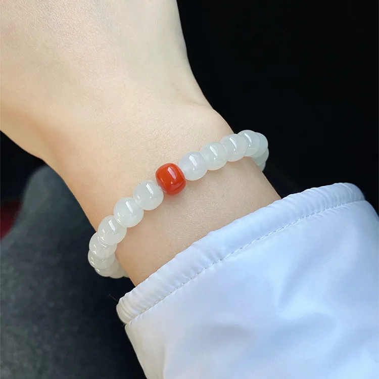 Chinese Style Lucky Natural Hetian Jade Old Shaped Bead Bracelet With South Red Agate Two Sizes Blessing Wealth Good Luck Feng