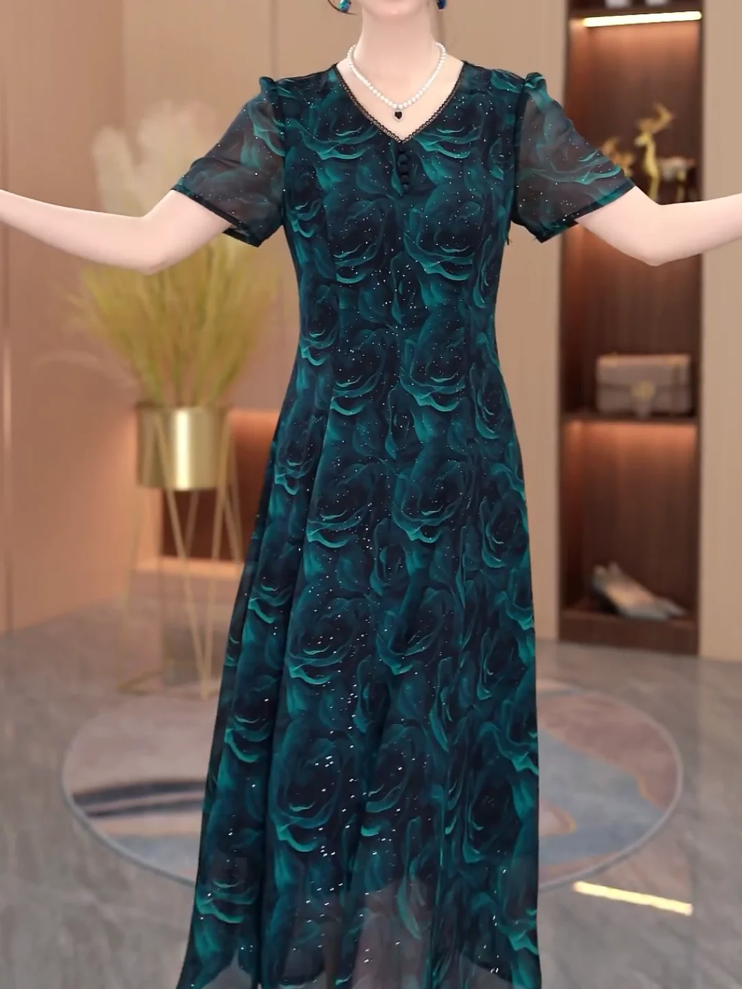 Ele Floral Print Slim Fit Midi Dr Luxury mat Sle Falda acampanada de cintura alta ort Sve V-Ne Daily Wear Summe...