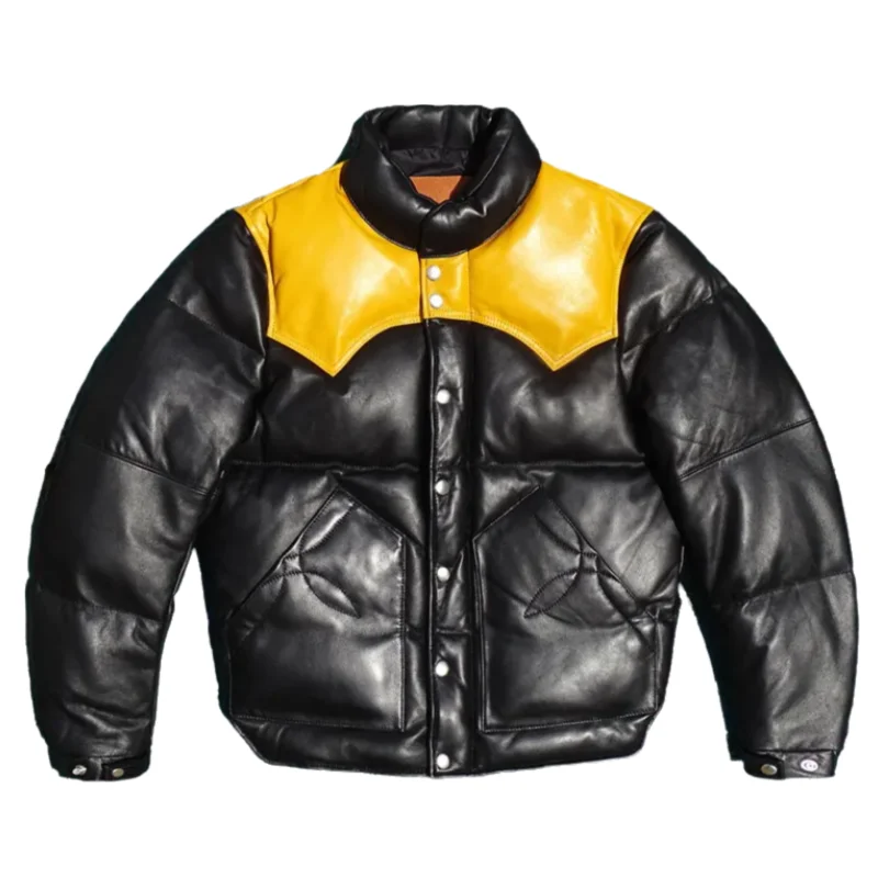 Black Winter Leather Down Jacket Men Japan Style Plus Size 4XL Genuine Natural Sheepskin Stand Collar Spliced Thick Warm Coat