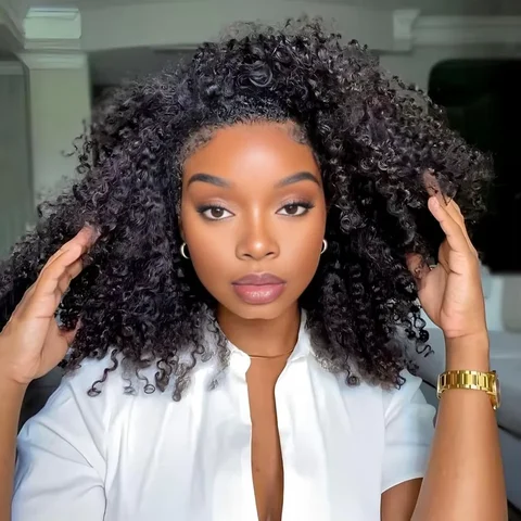 Half Wigs Human Hair Kinky Curly Upgrade 3 IN 1 Half Wig With Drawstring Seamless Clip Ins Flip Over Machine Made