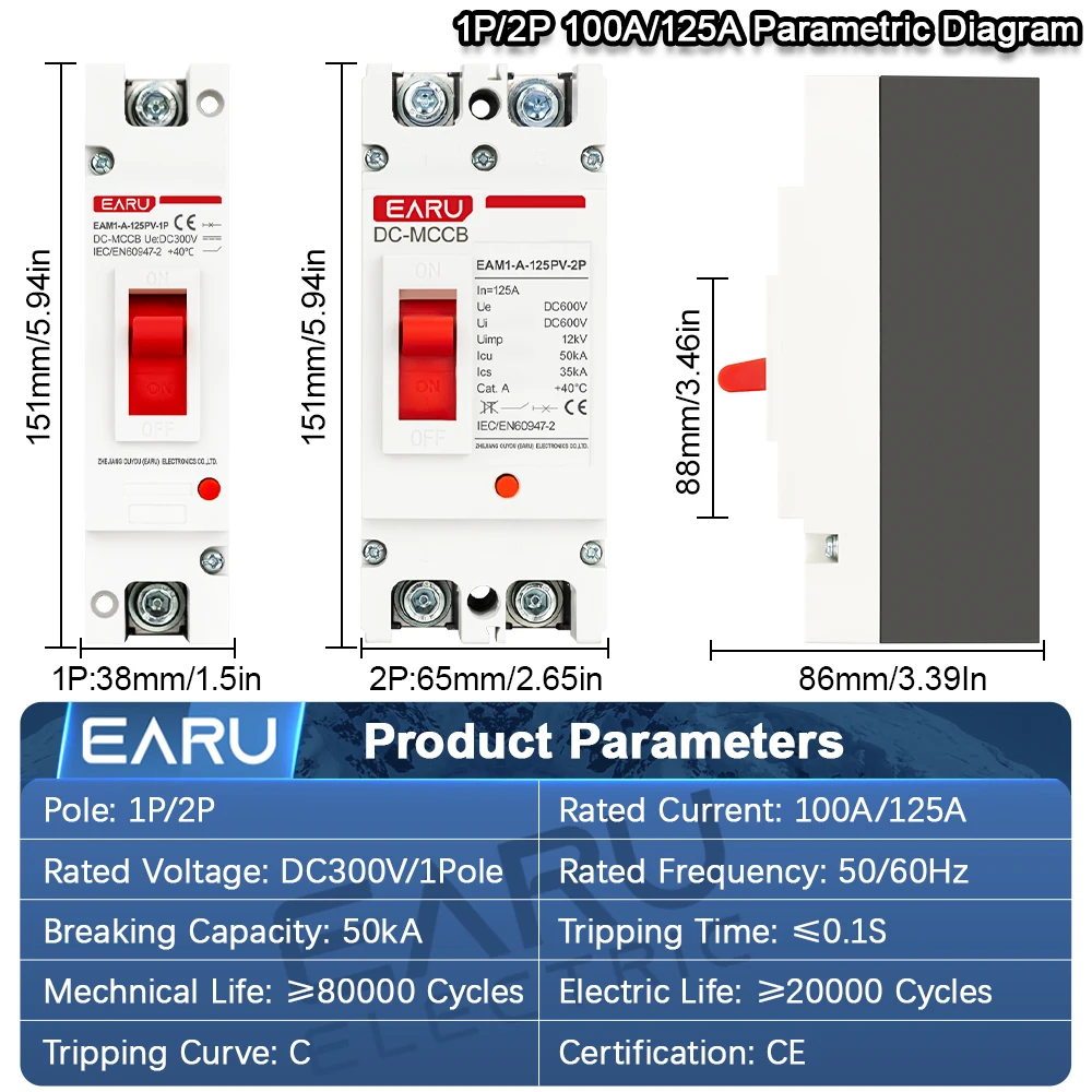 DC 300V 600V DC Solar Molded Case Circuit Breaker MCCB Overload Protection Switch Protector for Solar Photovoltaic PV 125A 250A