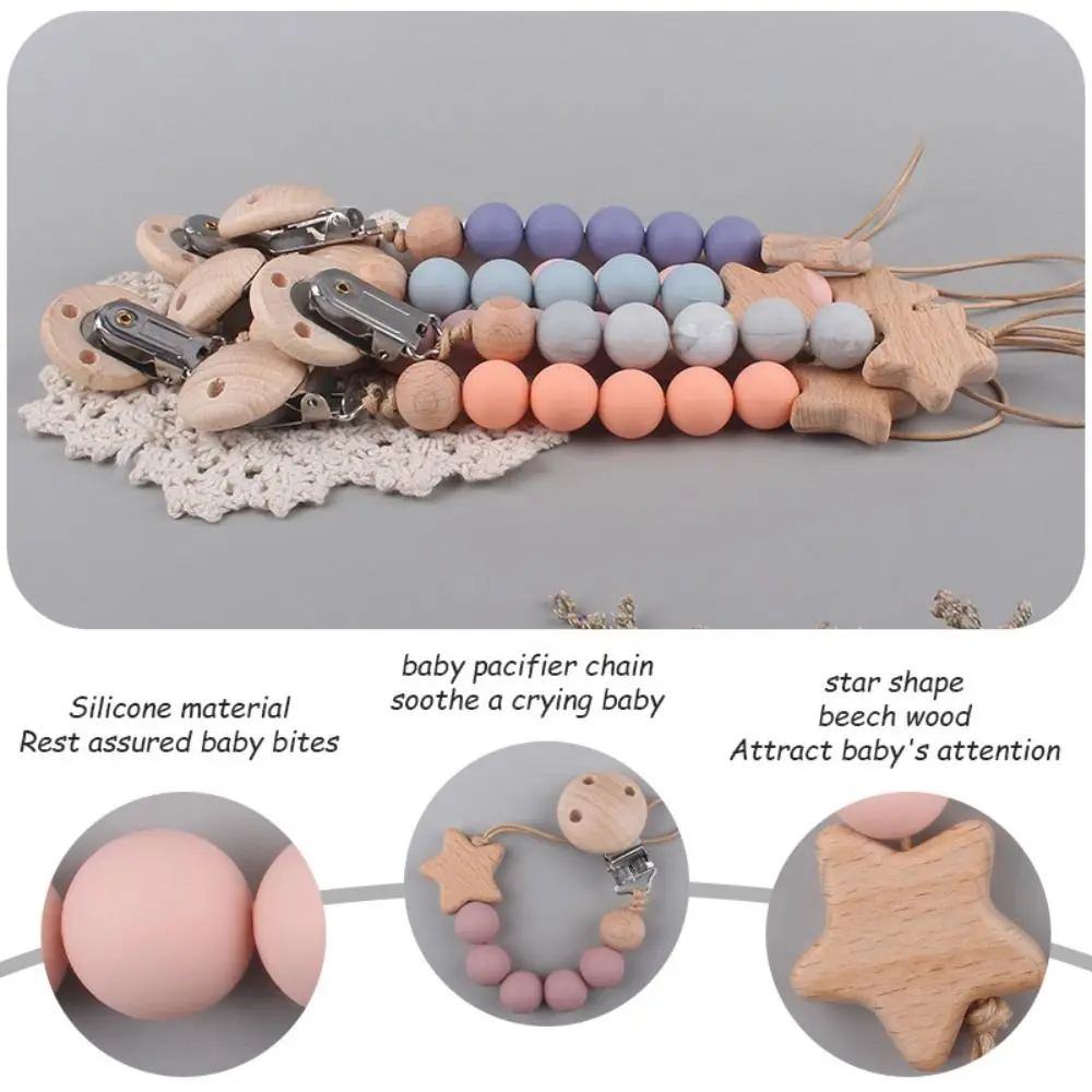 Pacifier Clips Chain Silicone Beads BPA Free DIY Dummy Clip Holder Star Wooden Clip Soother Chains Baby Teething Toys Chew Gifts