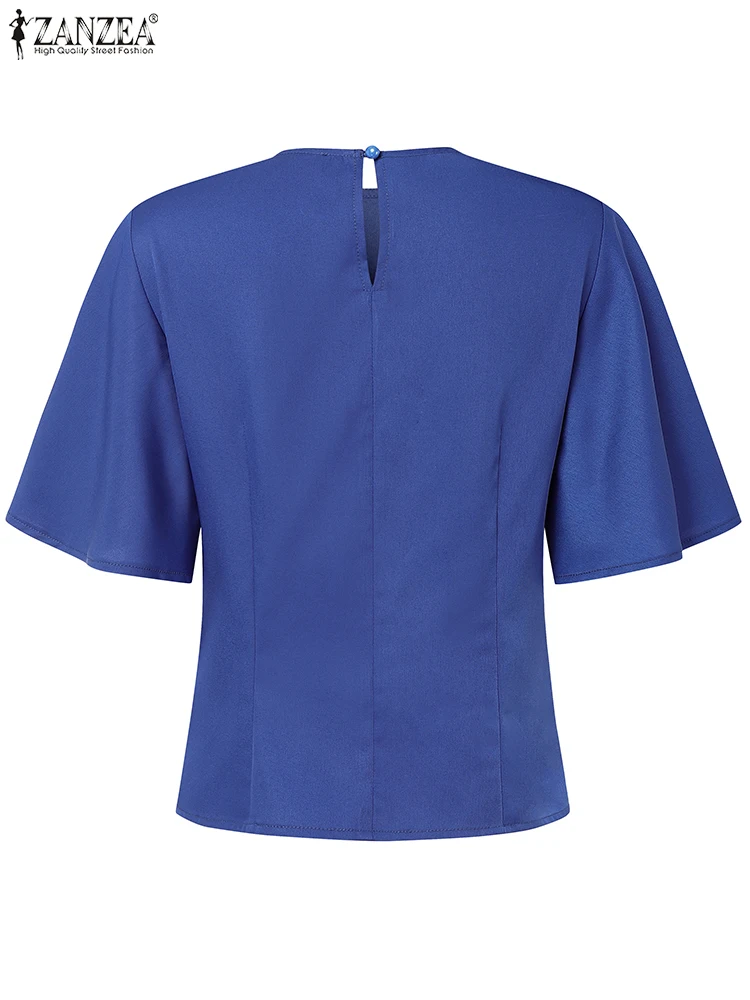 ZANZEA Mode Elegante Frauen Büro Dame Bluse 2025, Sommer Shirts Kurzarm Einfarbig Tunika Tops Rüsche Hülse OL Blusas