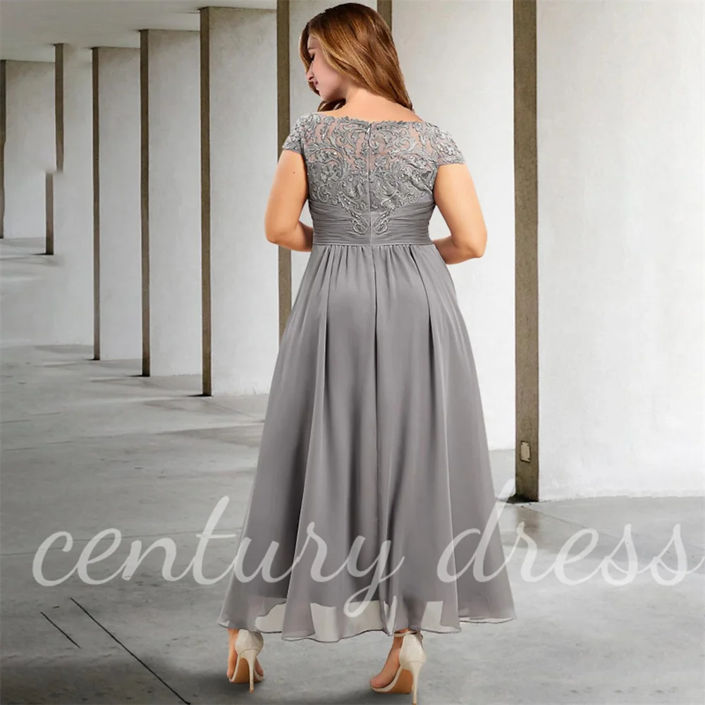 Customized Plus Size Curve Mother of the Bride Dresses Elegant Dress Formal Wedding Tea Length Short Sleeve Pleats Appliques