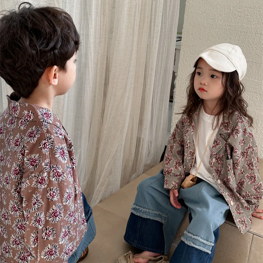 

2024 Spring New Fashion Baby Kids Print Long Sleeve Shirts Little Girls Blouses Toddler Boys Cotton Tops Children's Loose Coat