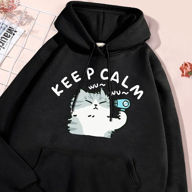 Stay Calm Cat Hair Dryerprinted Hoodies Mens Autumn Big Size Hoodie Simple Fur-Liner Sweatshirts Street S-Xxl Tracksuit Women'S