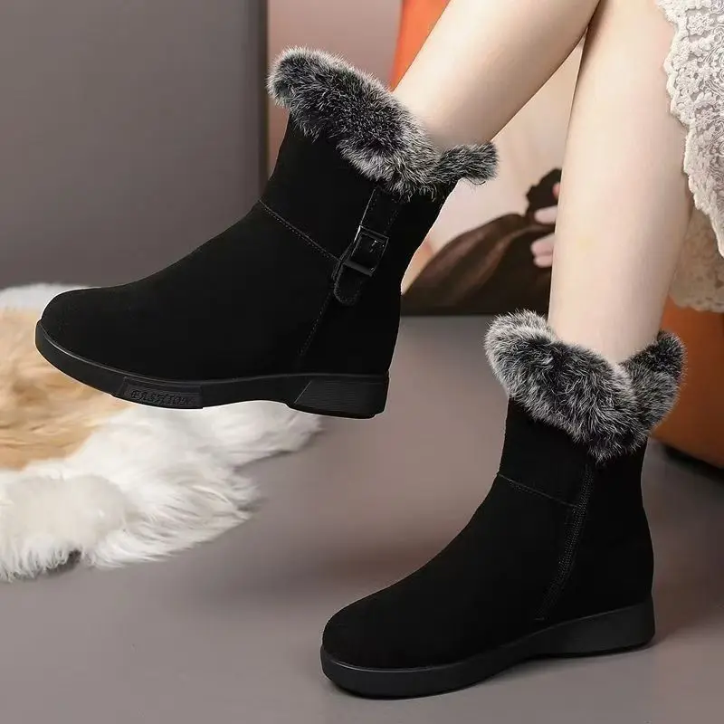 2026 Winter New Casual Women's Flat Bottom Thick Fur Side Zipper Women's Snow Boots Cotton Shoes Casual Versatile