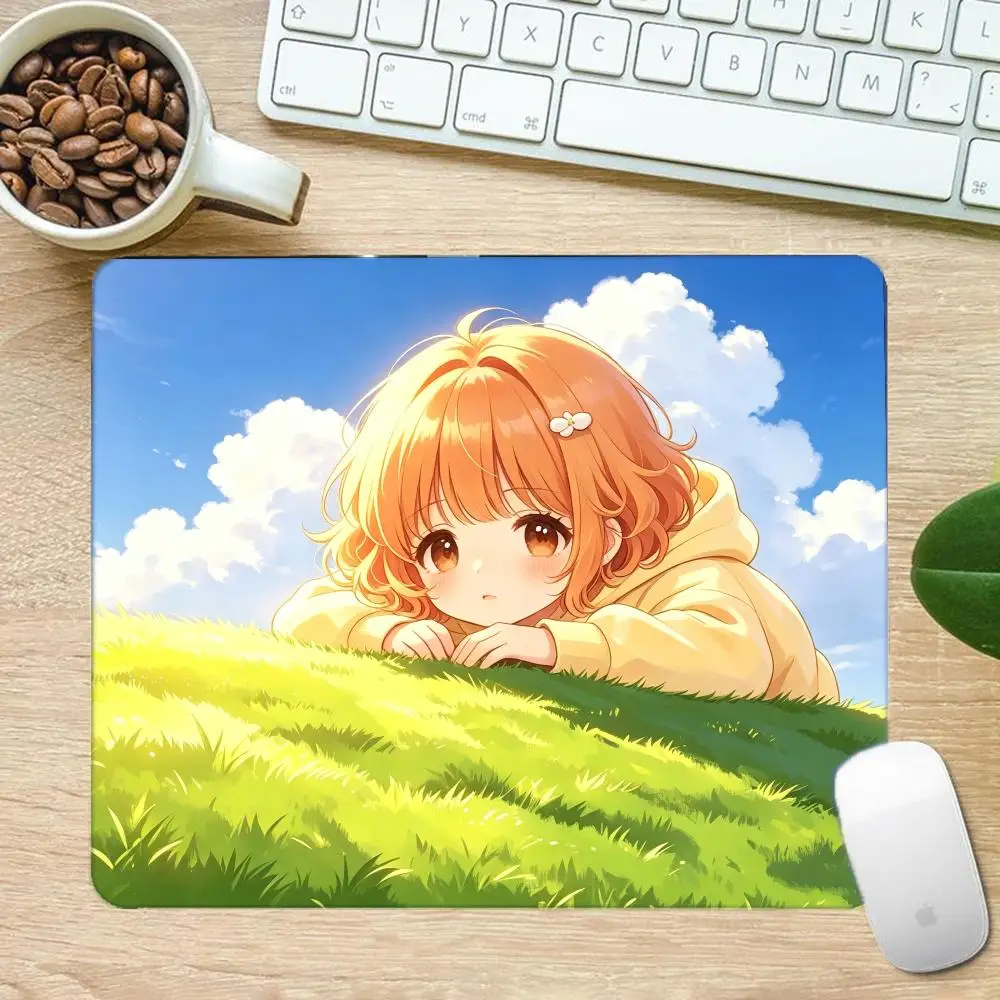 Cute Orange Short Hair Anime Girl Square Mousepad Sunny Grass Hill Blue Sky Desk Mat
