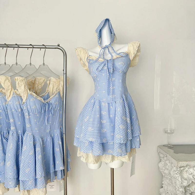 فستان قصير منقوش من MEXZT Kawaii للنساء فساتين مرقعة من الدانتيل مكشكشة للحفلات صيفية كلاسيكية بأكمام طائرة فساتين ضيقة