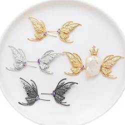 1 Pair  Copper Clad Gold Wings Inlaid with Zircon  DIY Jewelry Discovery Baroque Shaped Pearl Pin Doll Accessories Materials
