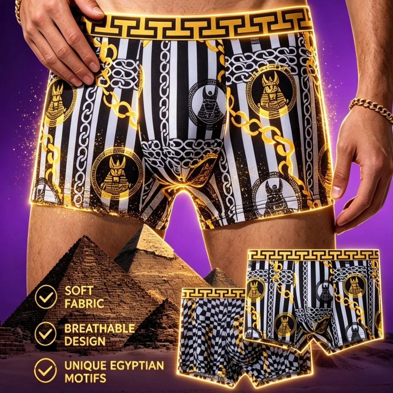 Sexy Mens Luxury Greek Key Egyptian Gold Print Boxer Briefs Trendy Rave Party Festival Shorts Streetwear Trendsetters Daily Wear