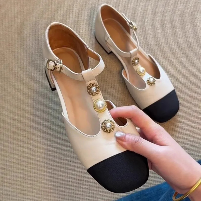 

Women's New -StyleSandals - Vintage Color Block, French Pearl Decor, Flat Mary Jane Shoes