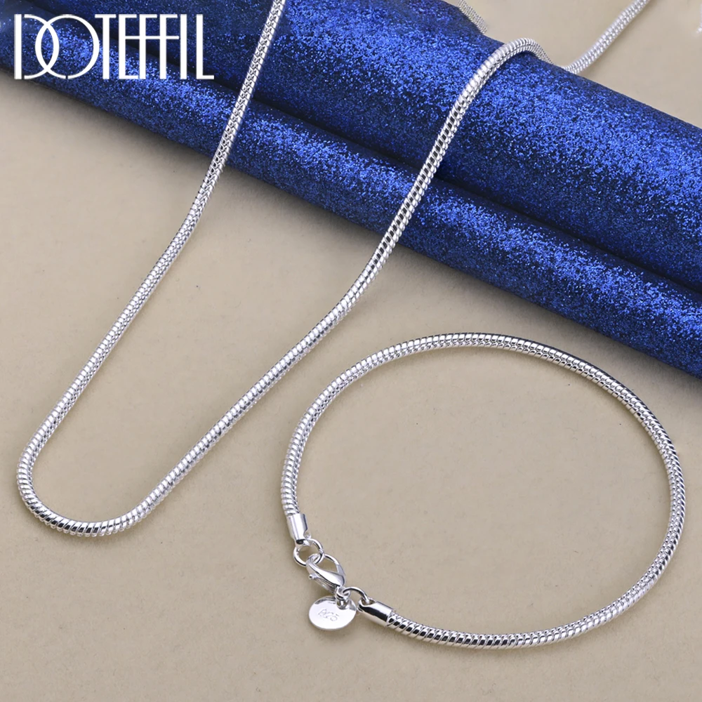 DOTEFFIL 925 Sterling Silver 16/18/20/22/24/26/30 Inch Snake Chain Bracelet Necklace Sets For Women Man Fashion Charm Jewelry