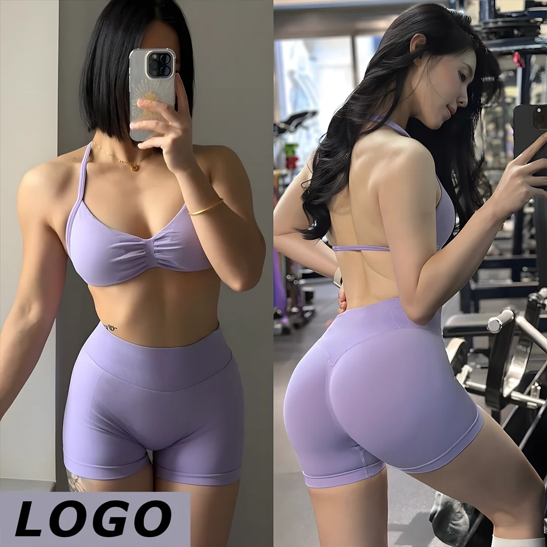 LOGO DF Women Yoga 2 Piece Set Lace Up Sports Bra High Waist Seamless Short Leggings Elastic Gym Running Cycling Fitness