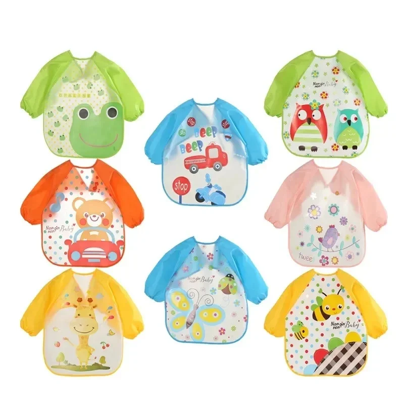 Bavoir imperméable pour bébé 0-3 ans, motif dessin animé, en PEVA, à manches longues, lavable, anti-salissures, pour l'alimentation et les éructations