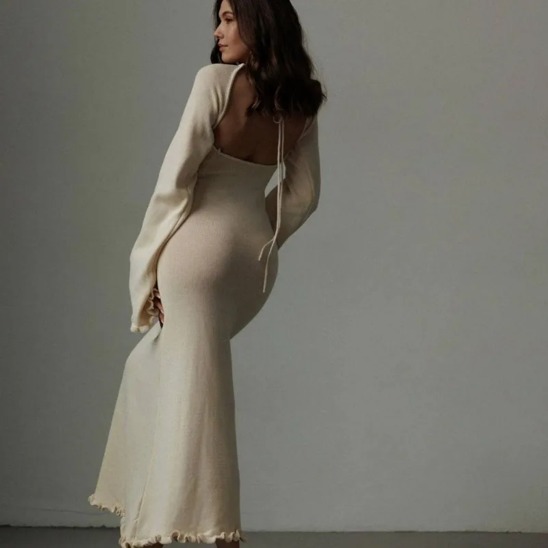 

Autumn Winter Bodycon Sexy Backless Slim High Waist Lace-up Maxi Dress Women Knit Long Flared Sleeve Ruffle Party Dresses Chic