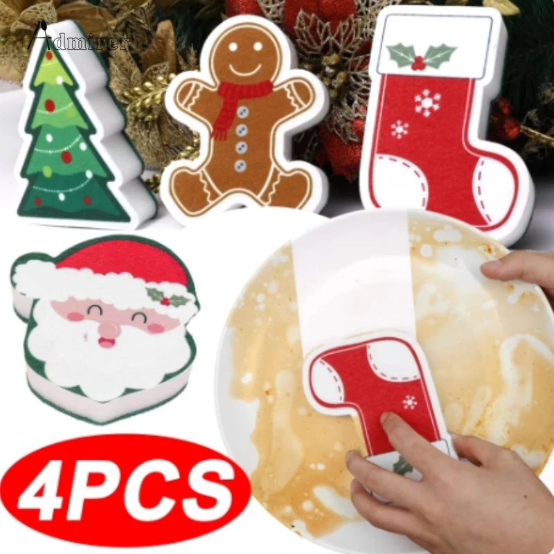 Christmas Cleaning Sponges Rubs Cartoon Santa Snowman Style Wood Pulp Sponge Brushes Household Kitchen Cleaning Tools Xmas Decor