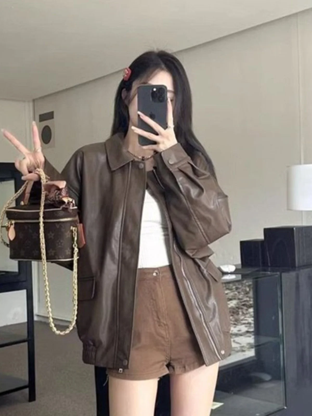 سترة جلدية بنية عتيقة ملابس خارجية قصيرة للنساء لربيع الخريف أسود رائع للدراجات النارية من جلد البولي يوريثان فضفاض بنمط الشا... #2