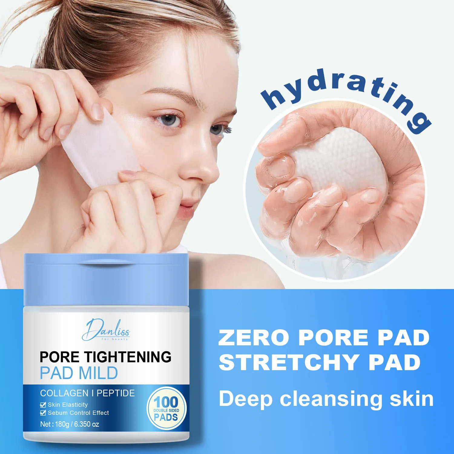 แผ่นสำลีเช็ดเครื่องสำอาง 100 แผ่น แต่ละแผ่นมีสารทำความสะอาดผิวเพื่อทำความสะอาดใบหน้าและควบคุมความมัน