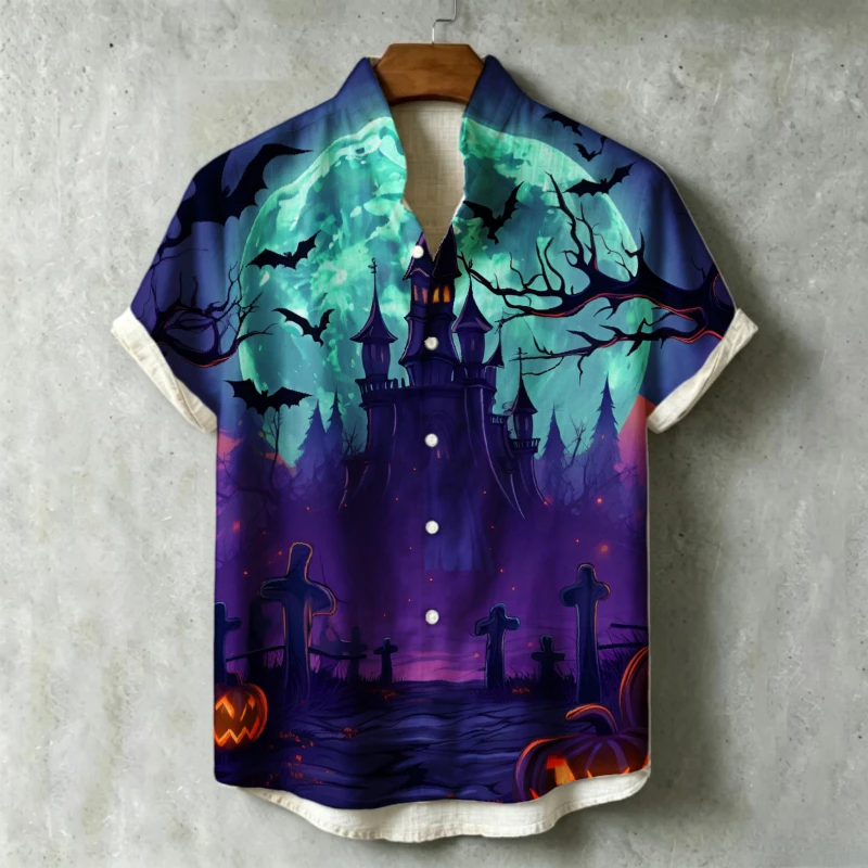 Mens Casual Halloween Shirt Vintage Haunted Castle And Pumpkin Artwork Print Short Sleeve Stand Collar Button Up Tops 2026