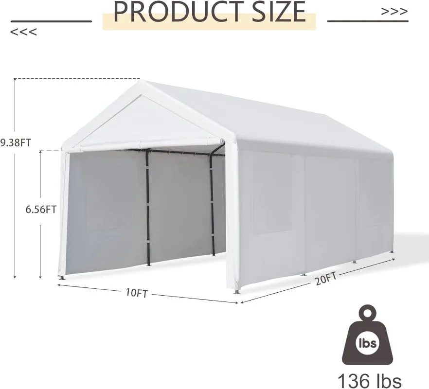 Gardesol 10' x 20' Heavy Duty Carport w/ Roll-up Ventilated Windows,Removable Sidewalls&Doors for Car,Truck,Boat,All-Season Tarp