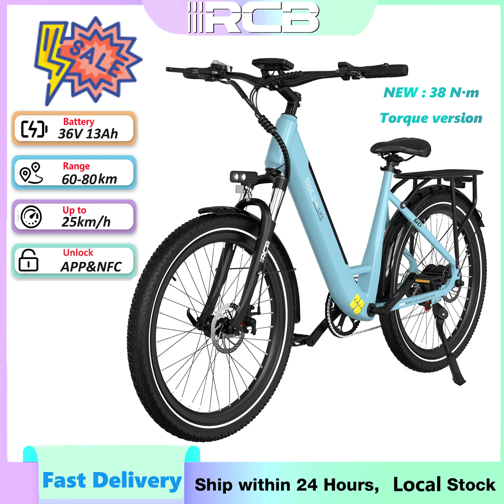 RCB Bicicletta Elettrica Adulta fuoristrada 250W 36V 13Ah, autonomia 40-70km, pneumatico 27.5", NFC e APP, portata 120kg, versione conforme. Ideale per spostamenti urbani, uso quotidiano e avventure