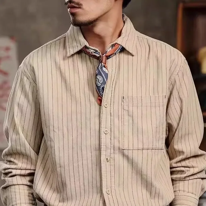 

American Retro Texture Striped irt Men's Spring Autumn Casual Corduroy Loose Best Man Long Sve irt Youth Trend