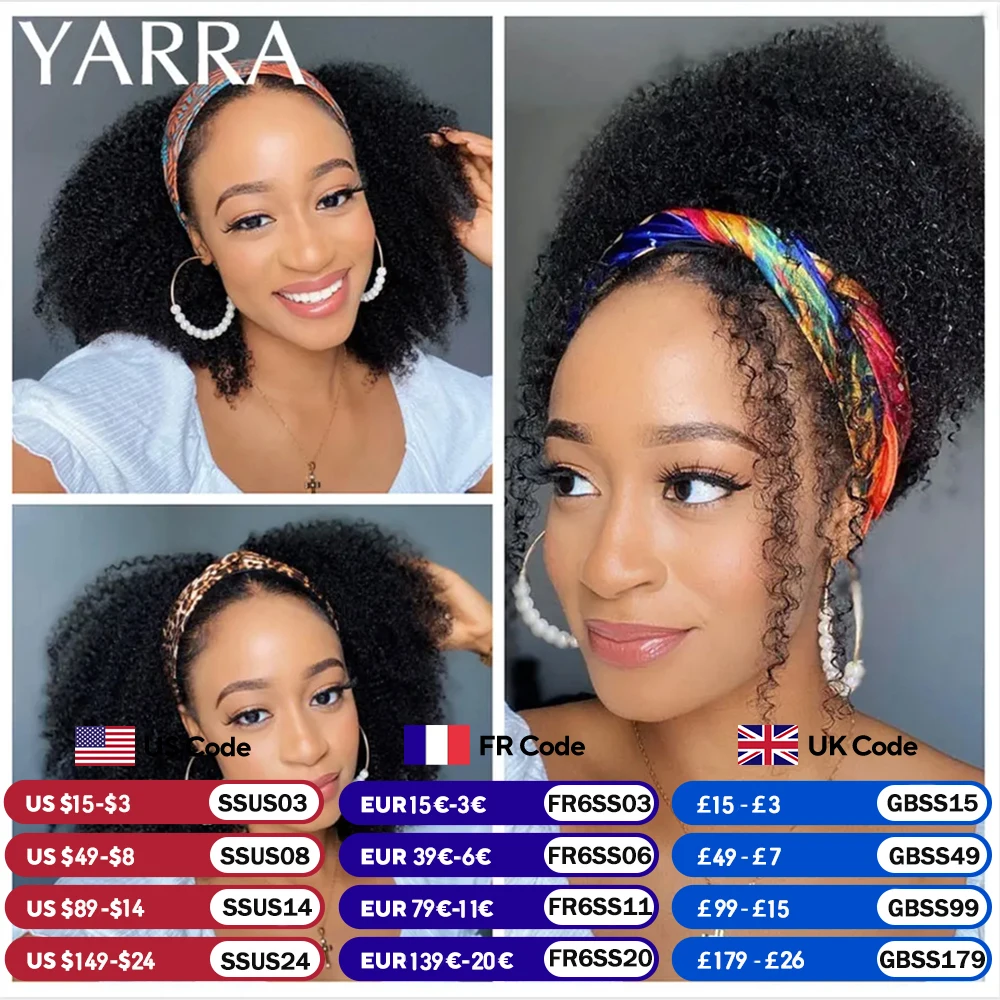 Headband Wig Human Hair Afro Kinky Curly 200 Density Brazilian Remy Hair Afro Kinky Headband Scarf Wigs For Black Women 180%