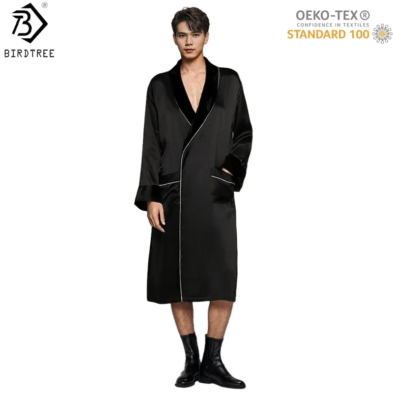 

Birdtree, OEKO-TEX, длинный халат из 100% шелка 19 мм для мужчин, двухслойная одежда для сна, бархатная элегантная ночная рубашка, домашняя пижамаP5D913JF