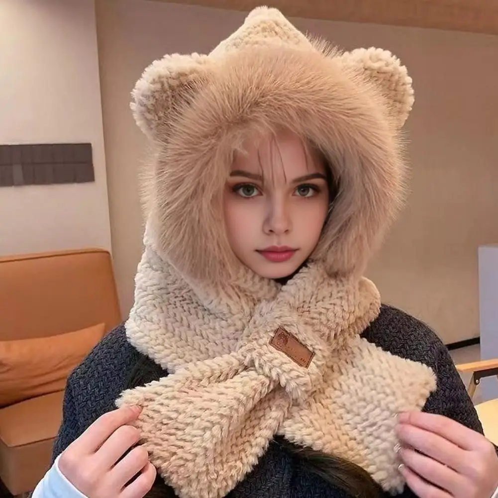 Elastic Knit Hat Winter Fleece Hat Scarf Set with Fox Ear Decor Windproof Outdoor for Women Weather for Travel