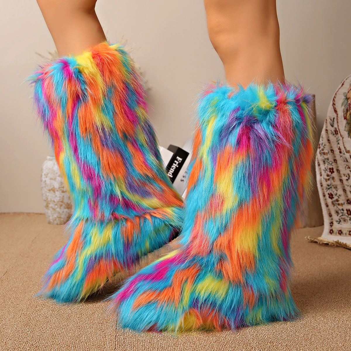 

Women Knee High Fuzzy Faux Fur Boots Soft Warm Comfortable Slip-on Boots Women Designer Flat Plush Warm Platform Shoes Ladies