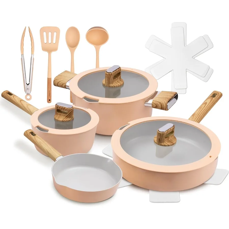 

14Piece NonStick Ceramic Cookware Set for Induction Cooking with Glass Lids and CoolTouch Handles Ensures Even Heat Distributio